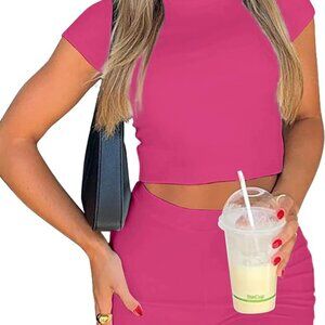 Women's Summer 2 Piece Short Sets Y2K Going Out High Waist Crop Top Biker Shorts
